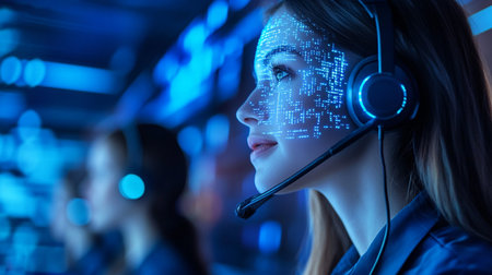 Cyber security and data protection concept. Close up of female security guard with headset working in server room at night.の素材