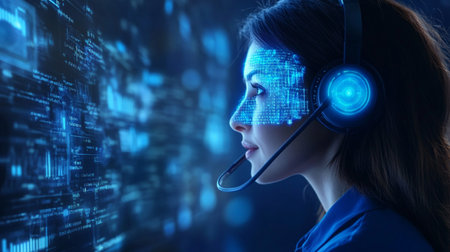 Young woman with headset and code on virtual screen. Programming and coding conceptの素材
