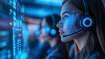 Cyber security concept. Close up of female security guard in headset looking at camera while standing in surveillance roomの素材