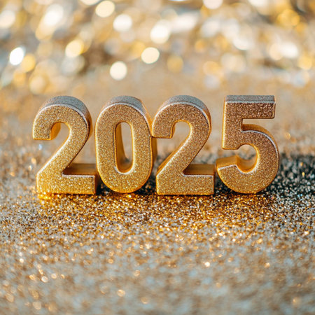 Happy New Year 2015. Golden numbers on glitter background with bokehの素材