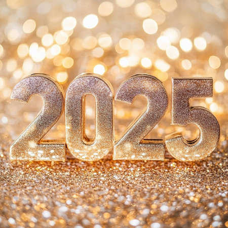 Happy New Year 2015. Gold glitter background with bokeh.の素材