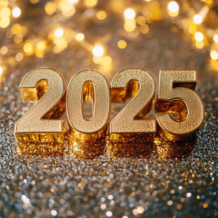 Happy New Year 2020. Golden numbers on glitter background with bokeh.の素材