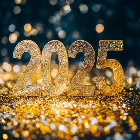 Happy New Year 2015. Gold glitter background with bokeh.の素材