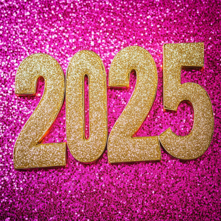 2025 golden number on a pink glitter background. Happy New Year.の素材