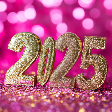 Happy New Year 2015 gold glitter background with bokeh lights.の素材