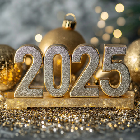 Happy New Year and Merry Christmas greeting card with golden numbers 2015 on bokeh backgroundの素材