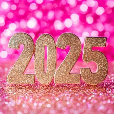 New year celebration background with golden number on glitter bokeh lightsの素材