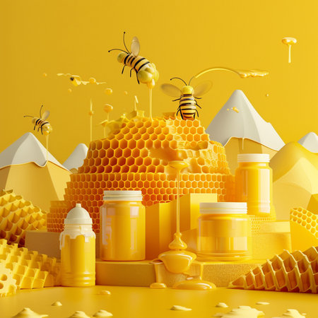 Honeycombs and bees on a yellow background. 3d renderingの素材
