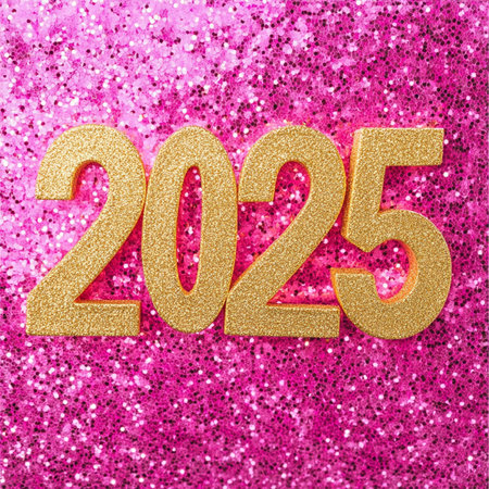 Happy New Year 2015. Golden number on a pink glitter background.の素材