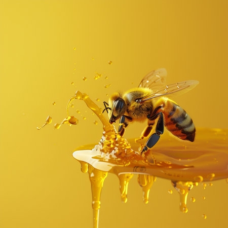 Honey dripping from a bee on a yellow background. 3d renderingの素材