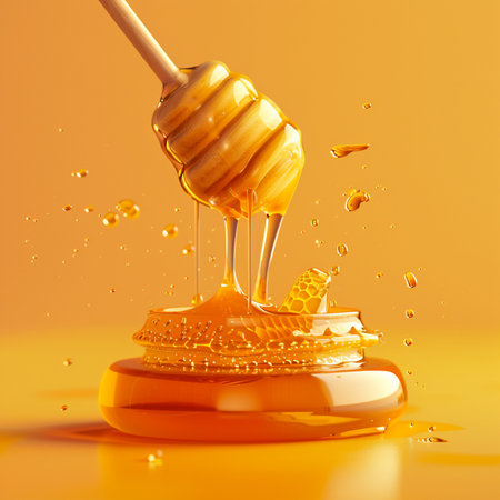 Honey dripping from a wooden honey dipper. 3d renderingの素材