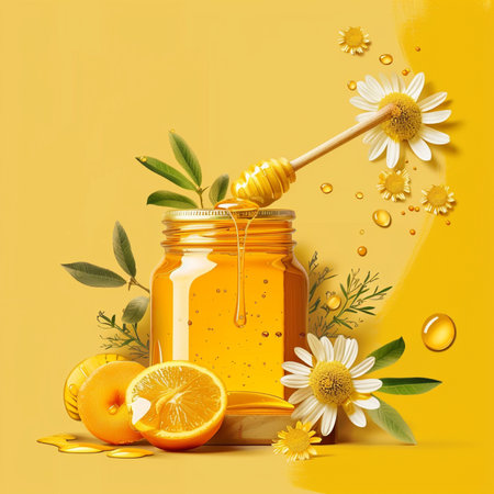 Honey in a jar with honey dipper, chamomile flowers, lemon and honeycomb on yellow backgroundの素材