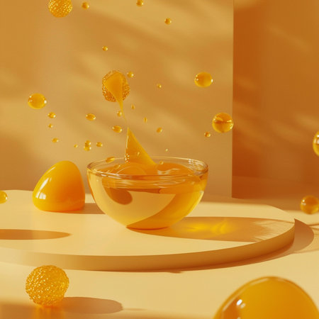 3d render of orange background with honey in bowl and yellow ballsの素材