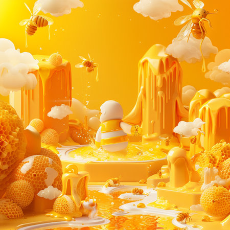 Honeycombs and bees on a yellow background. 3d renderingの素材