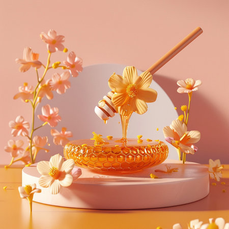 Honey dripping from wooden honey dipper into honey bowl on podium. 3d renderの素材