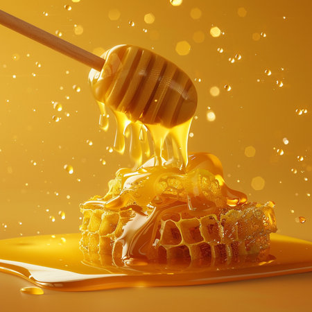 Honey dripping from a wooden honey dipper. 3d renderingの素材