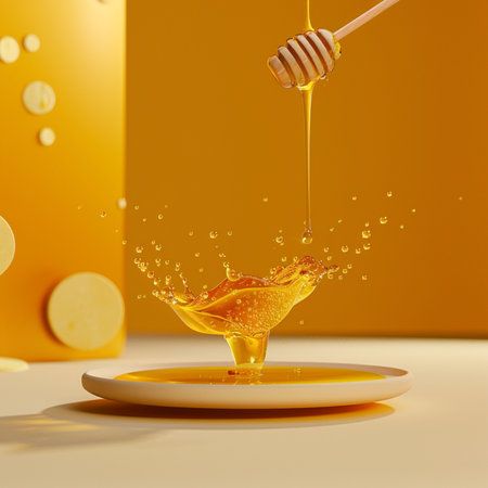 Honey dripping from a dipper into a bowl. 3d renderingの素材