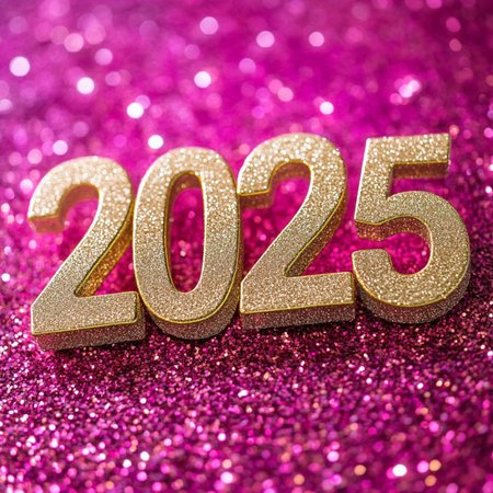 a pink glitter background. Happy New Yearの素材