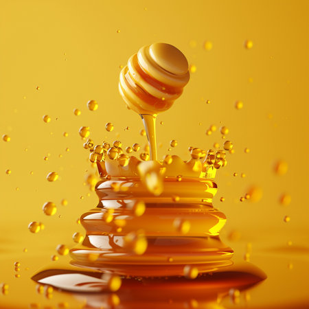 Honey dripping from dipper on yellow background. 3d renderingの素材