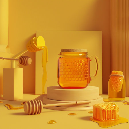 Honey jar with honey dipper and honeycombs. 3d renderの素材