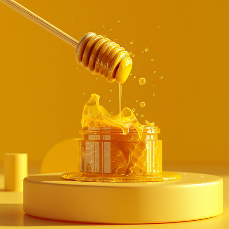 Honey dripping from a dipper into a jar. 3d renderingの素材