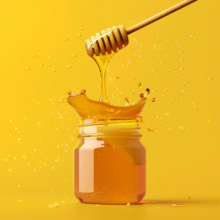 Honey dripping from a wooden honey dipper into a glass jar on a yellow backgroundの素材