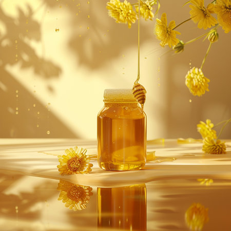 Honey dripping from a wooden honey dipper into a glass jar with yellow flowersの素材