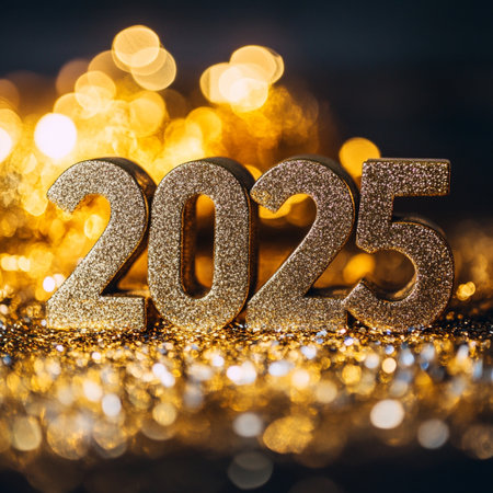 2025 golden number on bokeh background. Happy New Yearの素材