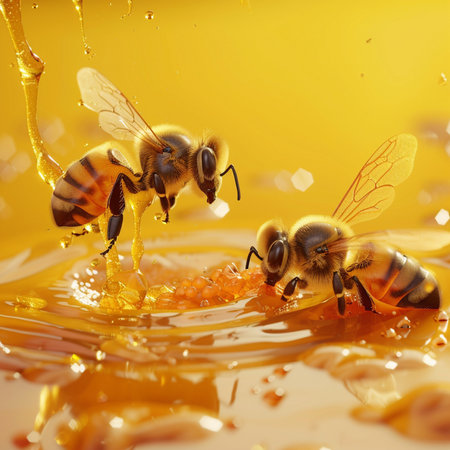 Bees and honey. Honeycomb with bees on a yellow backgroundの素材