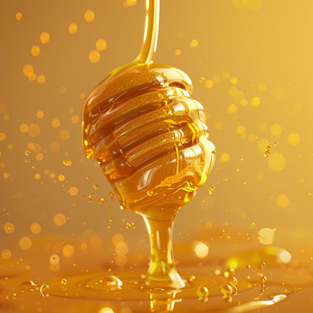 Honey dripping from a wooden honey dipper on a yellow backgroundの素材