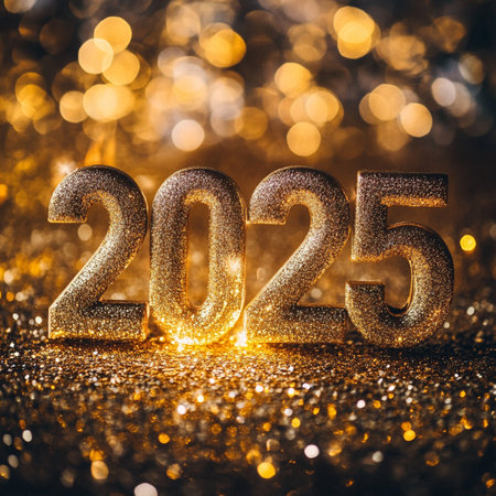 Happy New Year and Merry Christmas greeting card. Golden numbers 2020 on bokeh background.の素材