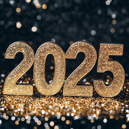 Happy New Year 2015. Golden numbers on a black glitter background.の素材