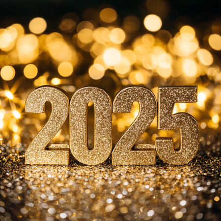 Happy New Year 2015. Golden glittering numbers on bokeh backgroundの素材