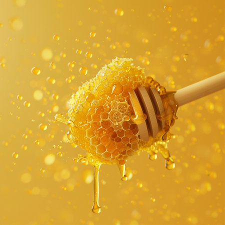 Honey dripping from a wooden honey dipper on a yellow backgroundの素材