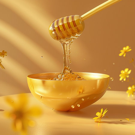 Honey pouring from a wooden honey dipper into a bowl. 3d renderingの素材
