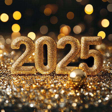 New year 2015 golden glitter and bokeh lights background. Merry Christmas and Happy New Year.の素材