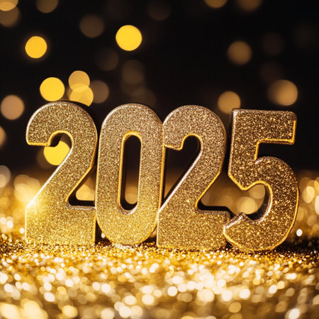 Happy New Year 2015. Gold glittering numbers on bokeh backgroundの素材