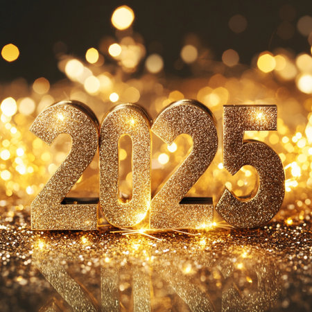 Happy New Year 2015. Golden glittering numbers on bokeh backgroundの素材
