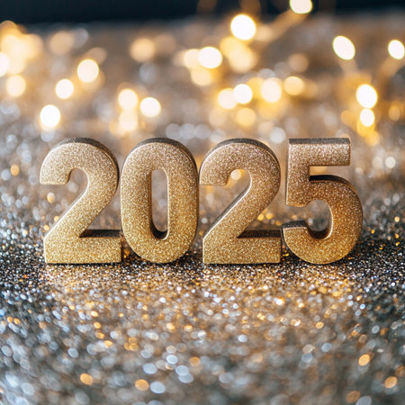 Happy New Year 2015. Golden numbers on bokeh background.の素材