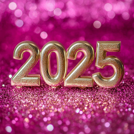 Happy New Year 2015. Golden numbers on pink background with bokehの素材
