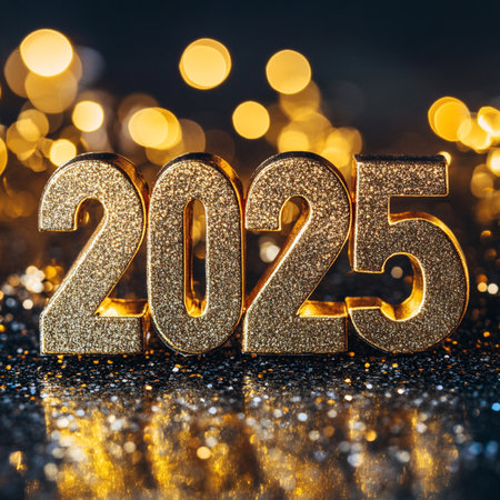Happy New Year 2015. Golden numbers on bokeh background.の素材
