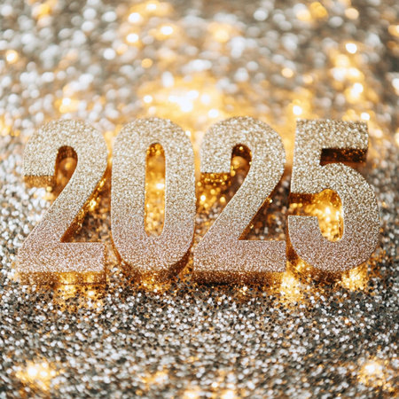 Happy New Year and Merry Christmas greeting card. Golden numbers 2020 on glitter backgroundの素材