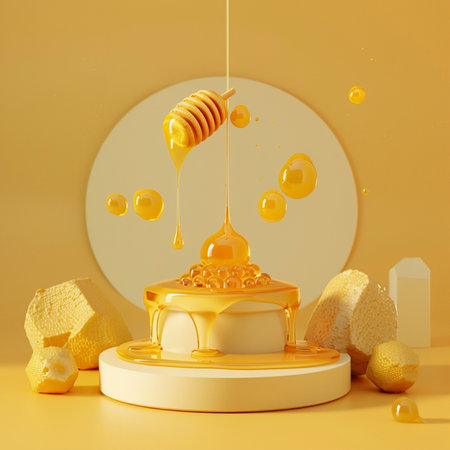 3d render of honey dipper with honeycombs on yellow backgroundの素材