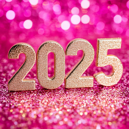 Number 2025 celebration gold color over pink glitter background. Happy New Yearの素材