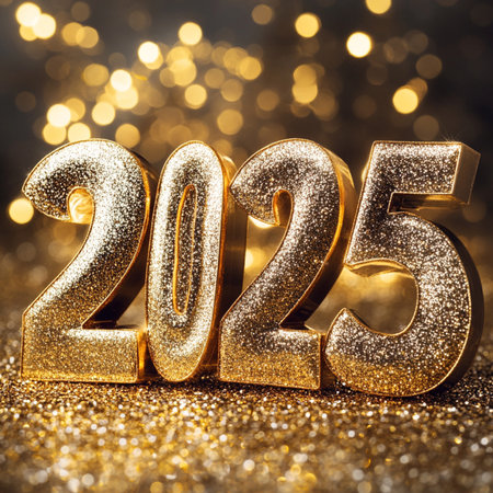 Happy New Year 2015. Golden number on glitter background with bokehの素材