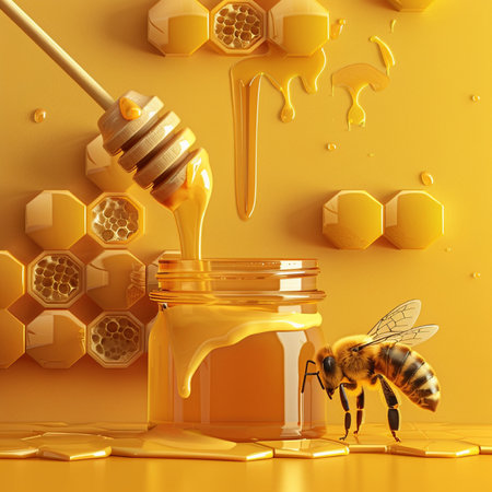 Honeycomb and bee on yellow background. 3d illustration.の素材