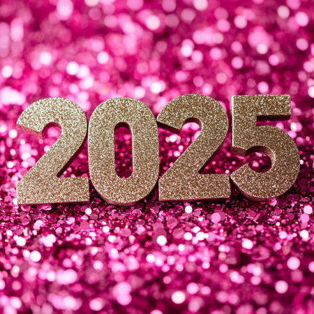 Number 2025 gold color on a pink glitter background. Happy New Yearの素材