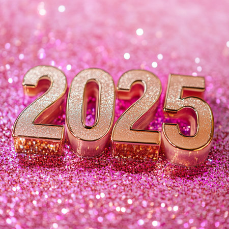 New Year 2015 gold figures on a pink background with glitters.の素材
