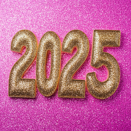 Happy New Year 2015. Gold number on a pink glitter background.の素材