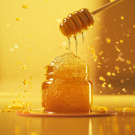 Honey dripping from a wooden honey dipper into a jar on yellow backgroundの素材